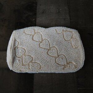 White Beaded Vintage Clutch Purse Hearts Bag by Debbie 1960s Vintage Evening Bag